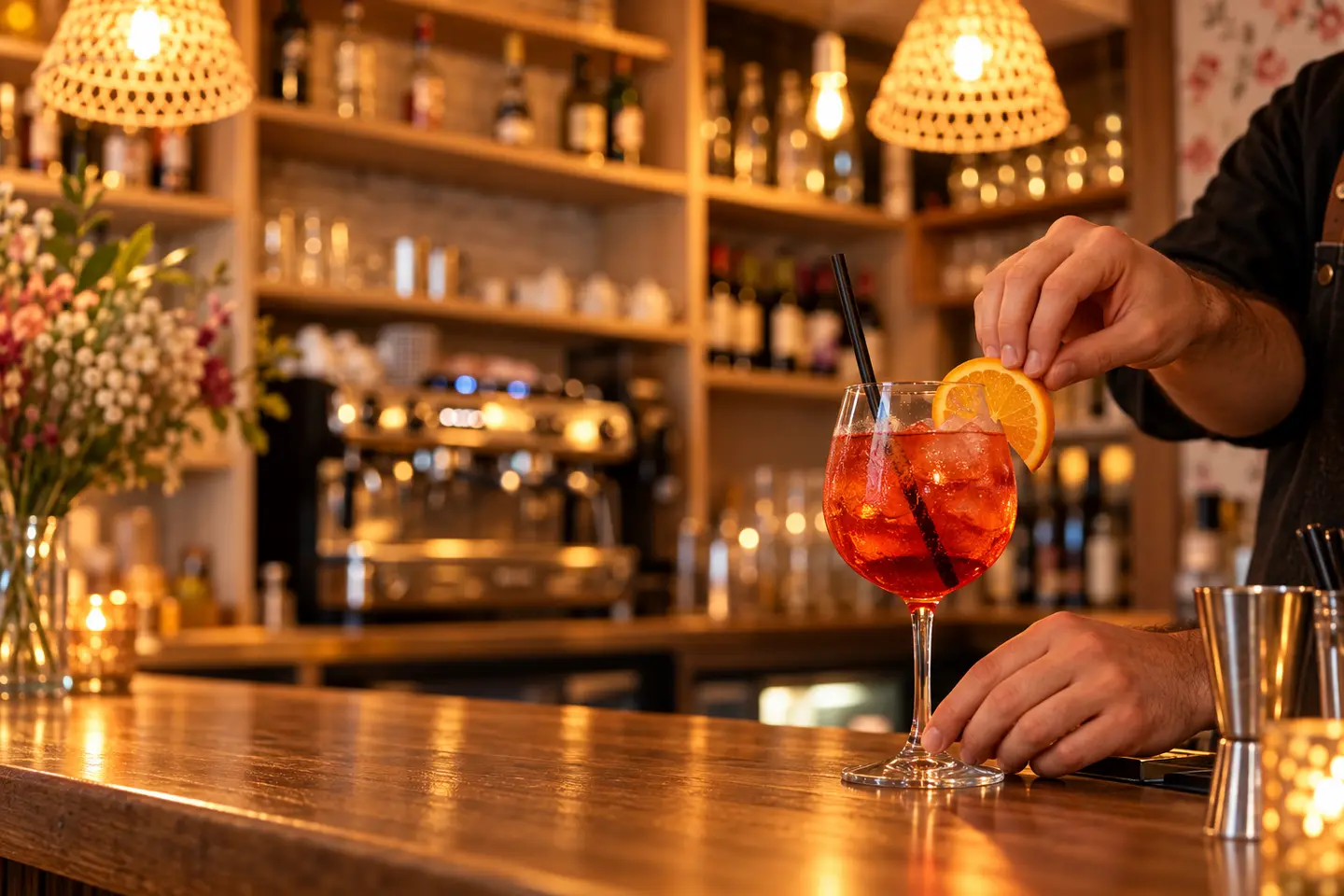 At the bar, the bartender garnishes a spritz with an orange slice