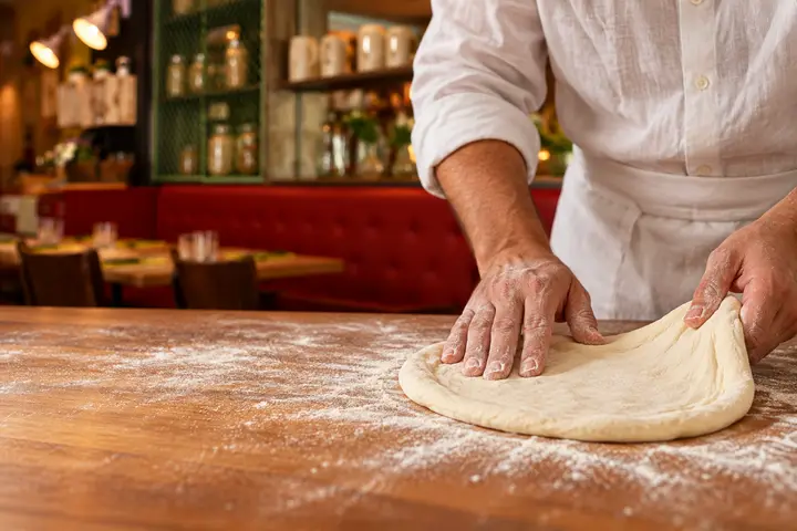 A cook stretching dough on a floured counter