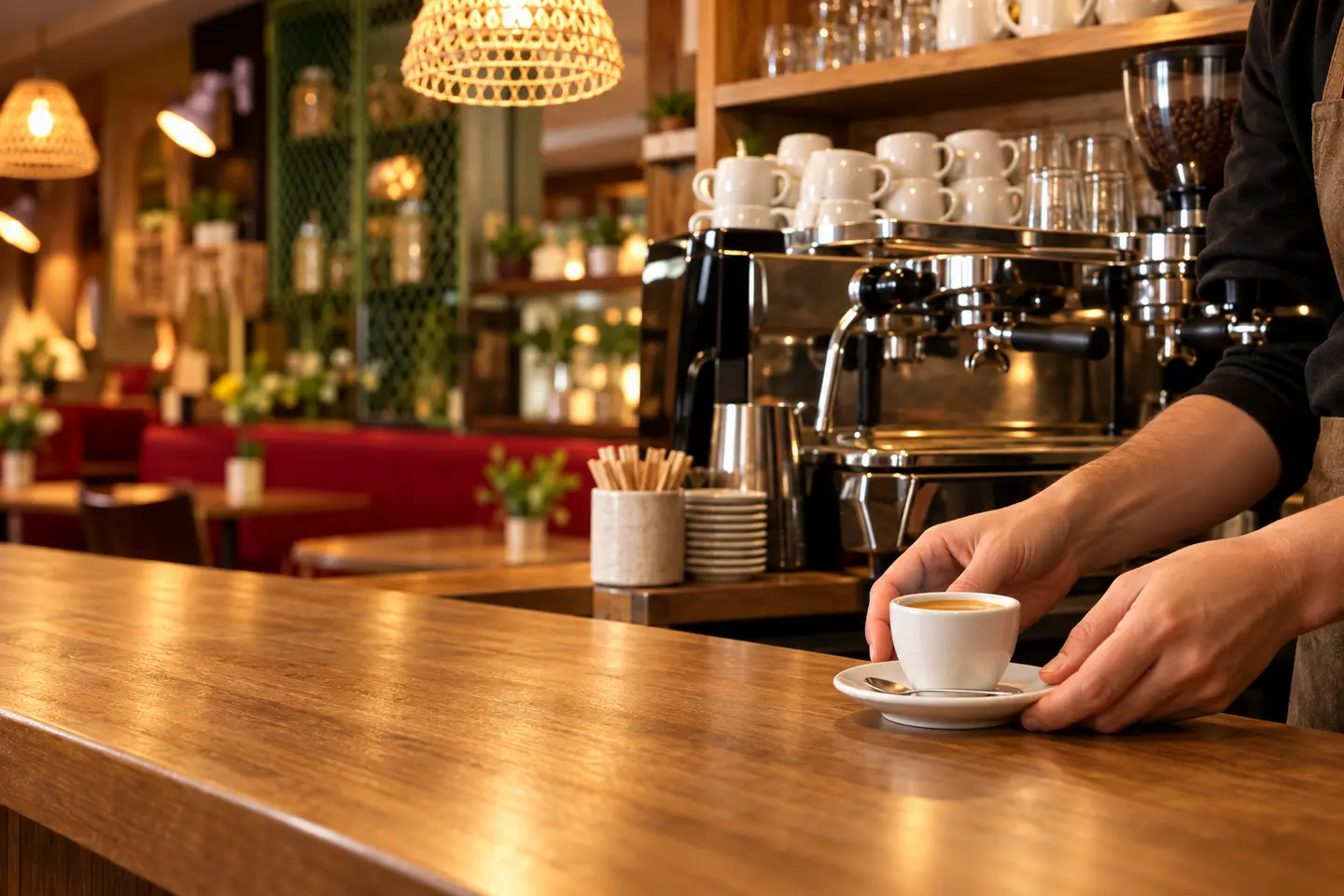 An espresso on the wooden bar
