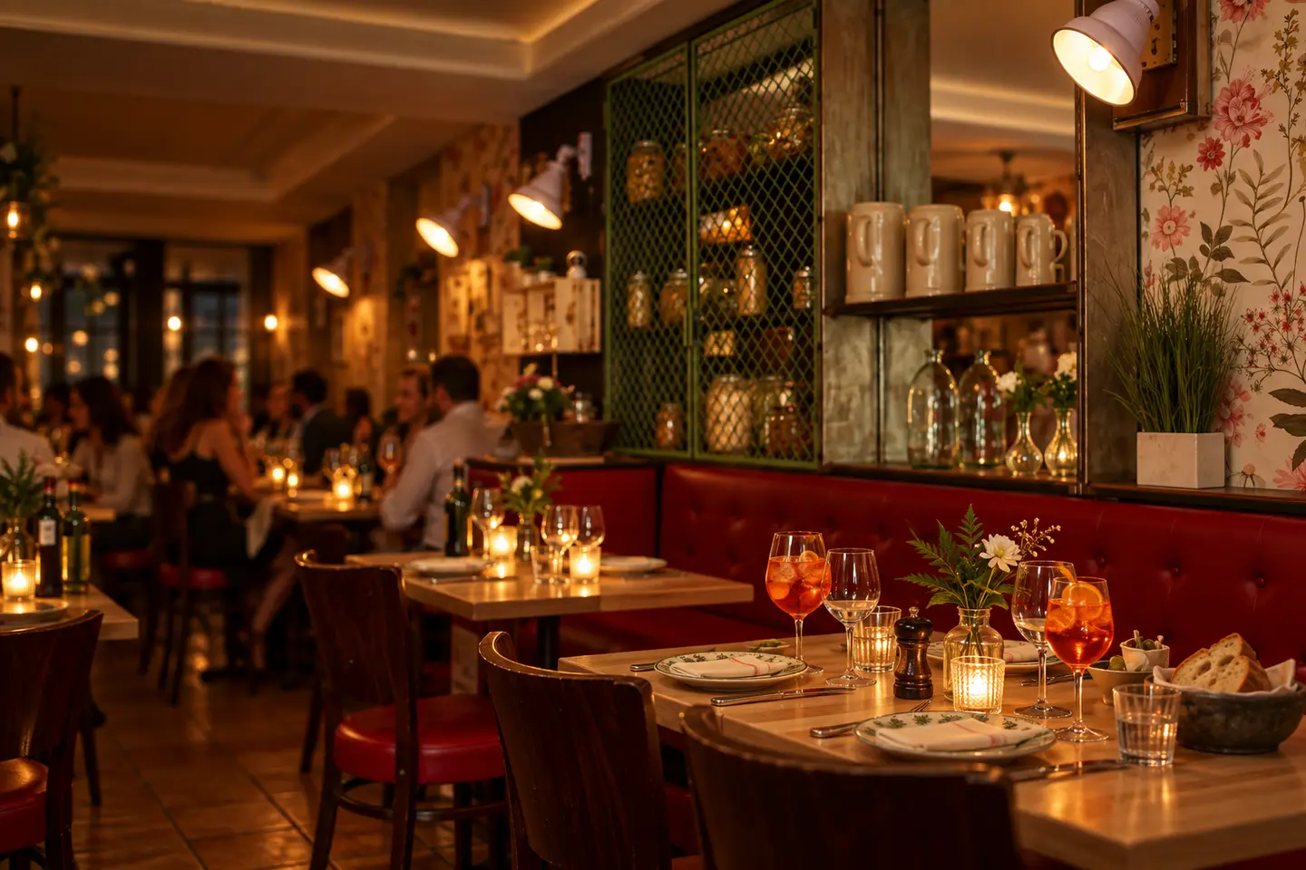 The dining room with its red banquettes and green shelves