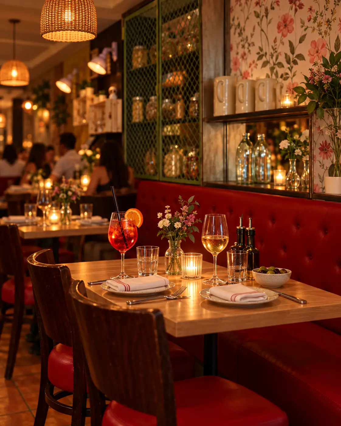 In the evening, tables set in the dining room