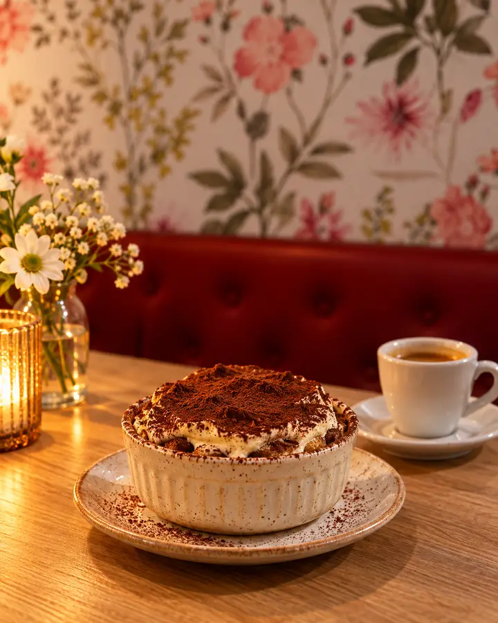 A tiramisu and an espresso on a wooden table